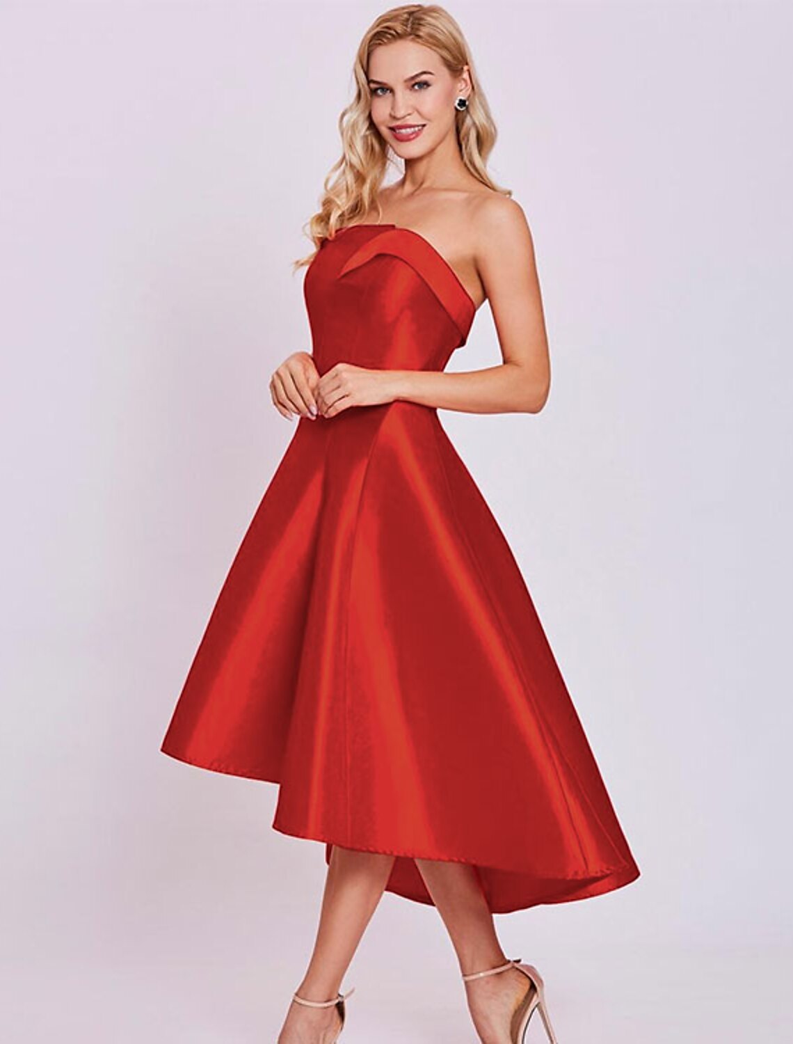 Abiti da cocktail a trapezio, abiti minimalisti, abiti da cerimonia, da ospite di nozze, lunghezza tè, senza maniche, senza spalline, in raso con elegante